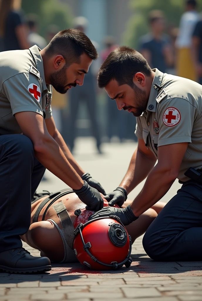 Rescuers providing pre-hospital care to a hemorrhaging patient with a helmet. Shirt with a red cross