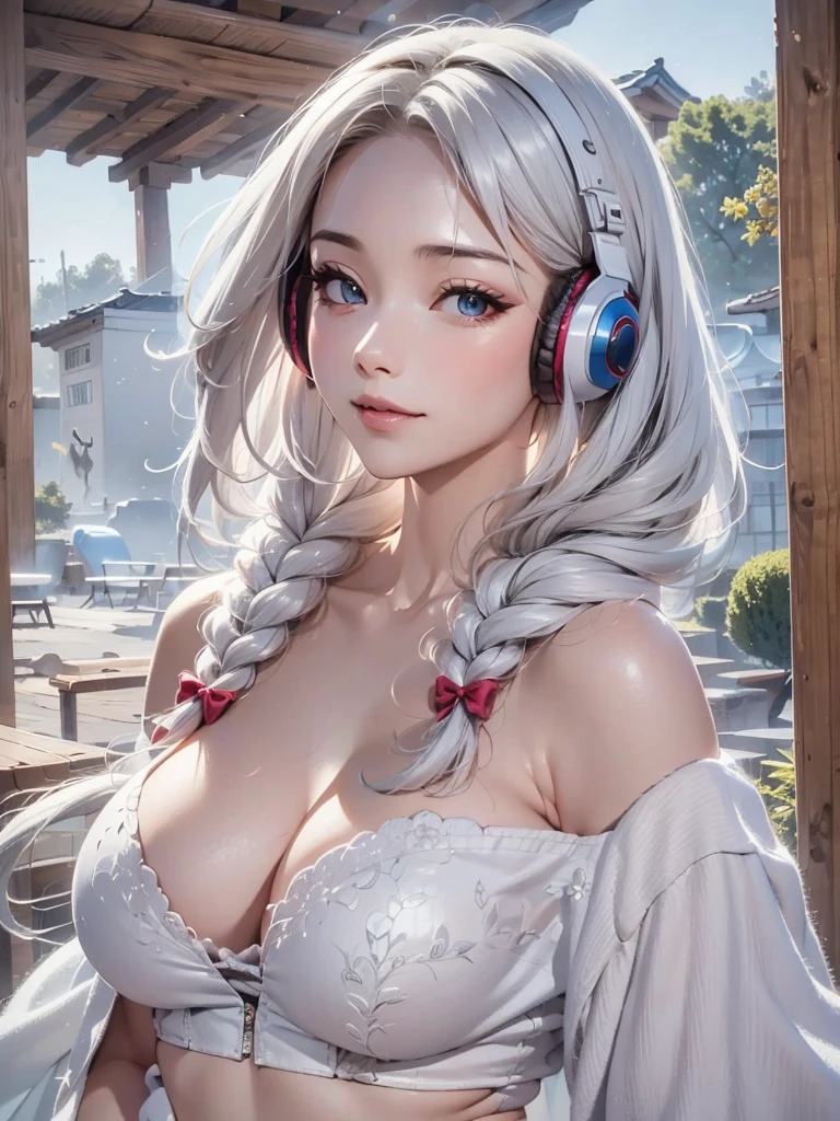 ((face, style)).((masterpiece:1.5))((alone、Woman wearing giant headphones:1.5、Detailed face、Big Eyes、Bright expression、small breasts, cleavage、Best Looks、Ultimate beauty、Shiny silver hair with highlights、明るい and shiny hair,、Modern Hairstyles、Hair dancing in the wind))(morning、indoors)Please look away from here、Beautiful profile、winter, ruin