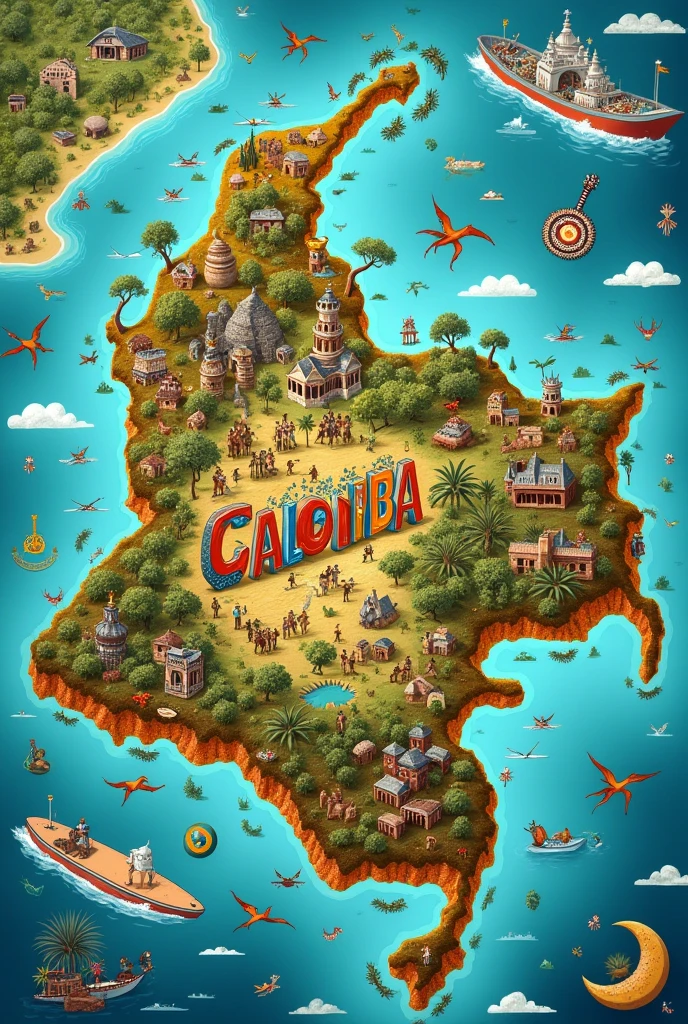 Map of Colombia with all its culture and typical things inside the map