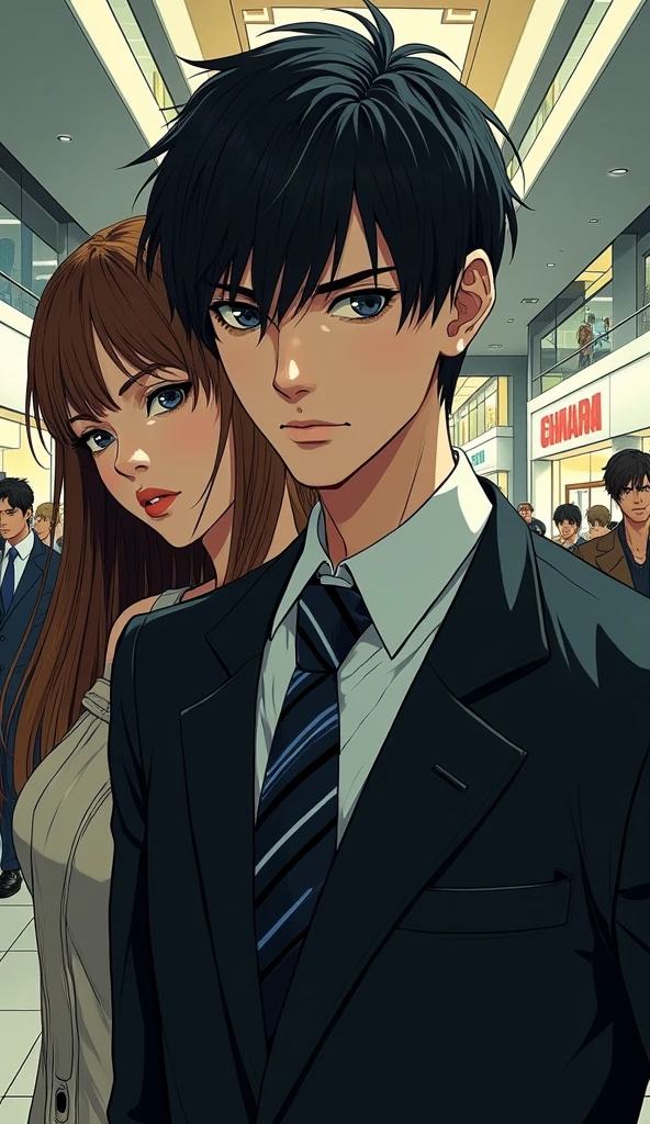 ((A man with short hair))，In the mall，Black Hair，Suits，((Cold expression))，Japanese comic style，A woman with long brown hair standing next to her