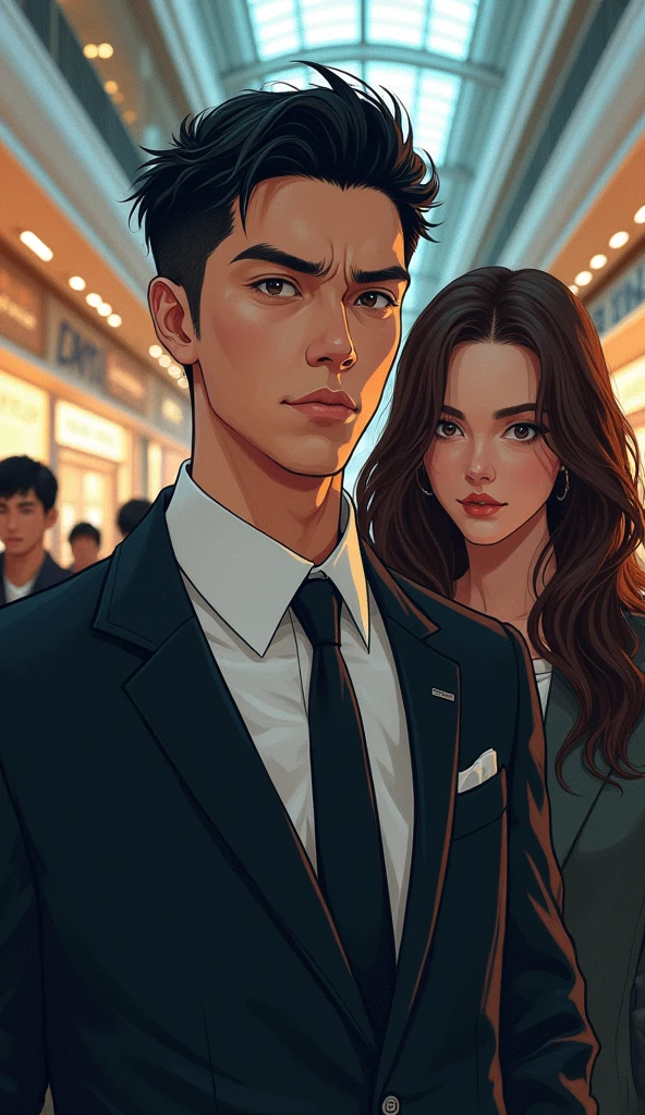 ((A man with short hair)),In the mall,Black Hair,Suits,((Cold expression)),Japanese comic style,A woman with long brown hair standing next to her