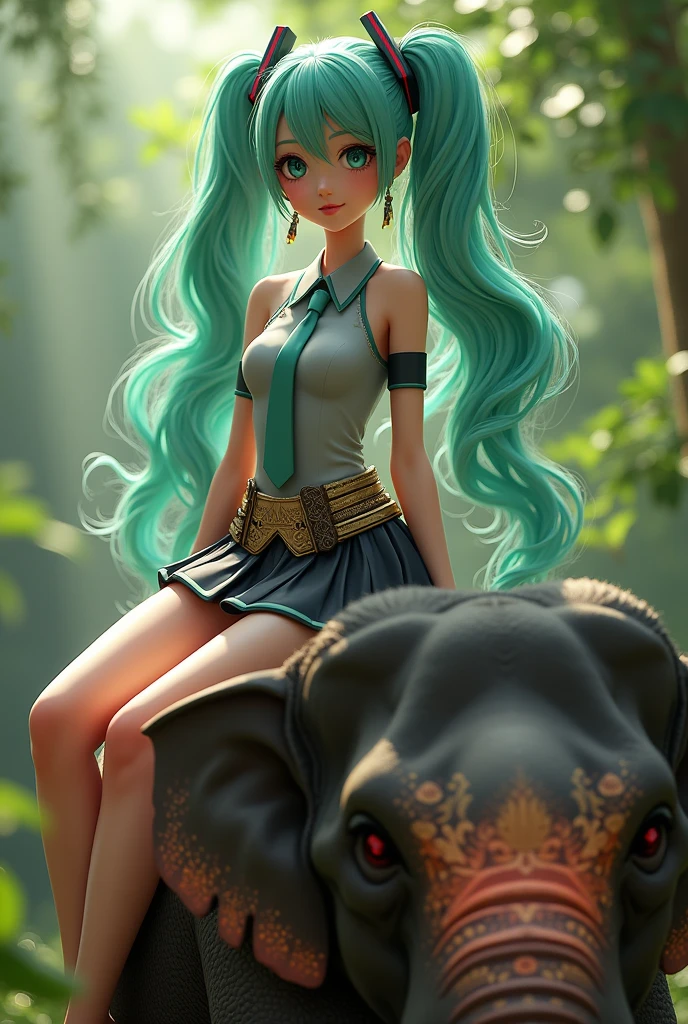 Hatsune Miku wears a Thai costume and sits on the back of an elephant.
((ผลงานชิ้นเอก แสงข้าง ดวงตาbeautifulที่รายละเอียดประณีต: 1.2)), Special details, Ultra high resolution, professional lighting, High quality makeup, ดวงตาbeautifulที่รายละเอียดประณีต, sexy, beautiful, (Young woman), (small breasts: 1.2), Red cheeks, Moisturized eyes, Hatsune Miku, green hair, Incredibly long hair, Wavy Hair, Ahoke, Twintail, (Gray sleeveless shirt, Green tie, black short skirt: 1.1), very cute, (ใบหน้าbeautifulที่รายละเอียดประณีตมาก), Real skin texture, ผมbeautiful, ใบหน้าbeautiful, ดวงตาbeautiful, ร่างกายbeautiful, มือbeautiful, smile, stand, (Sexual stimulation: 1.2), Elevated nipples, Mouth open, Vapors