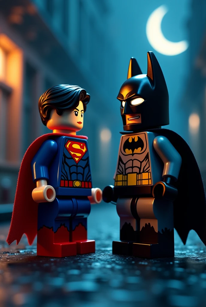 Superman and Batman in lego art, night