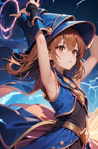 (masterpiece:1.2), (The best quality:1.2), perfect lighting, Mikoto Misaka (dressed as Dark Magician Girl) (arms raised up to cast a spell), floating in the air, neckline, magic background. small chest, Wearing blue robe, big hat, electromancer, electrical energy, ((short brown hair)), (brown eyes),