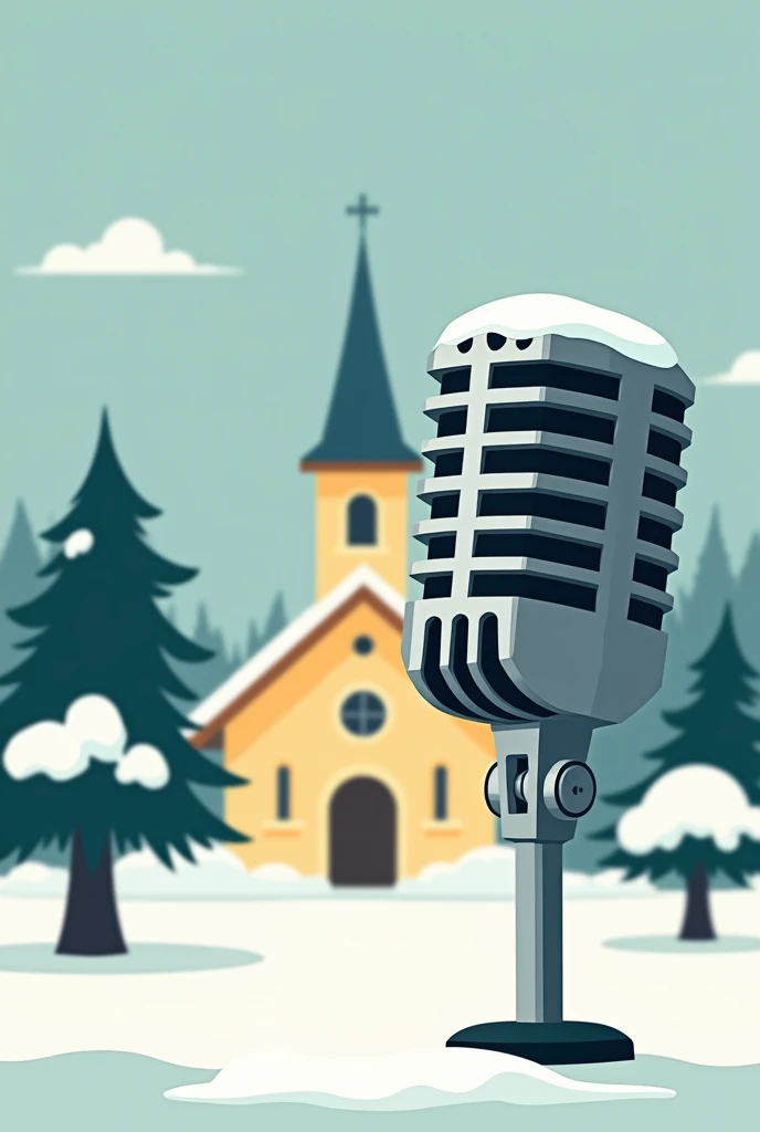 A banner with a microphone in the foreground, occupying a large part of the banner. In a flat sense, an old church with a pine tree in the garden, with snow around.