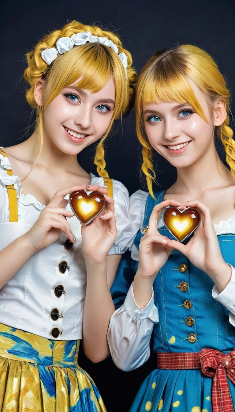 2 german teen-girls cosplaying manga girls, manga like eyes, van gogh style picture, shiny clothing, seductive smile, hands heart shape