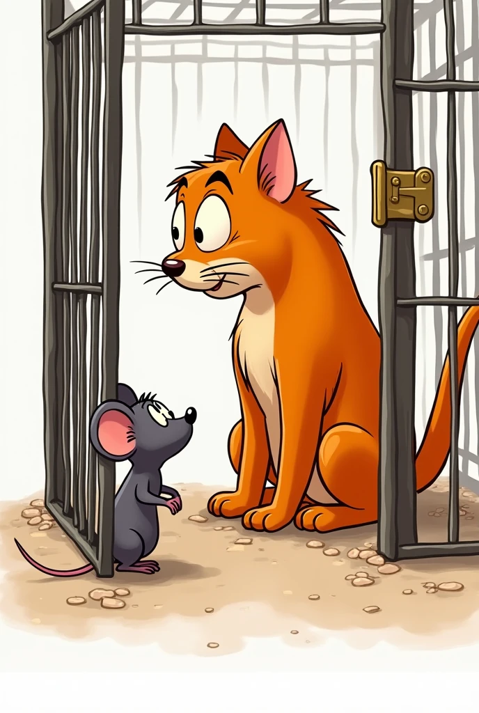 Then the little mouse opens the door of his cage to the big orange cat that was locked in a cage, animated like the cartoons, on a white background