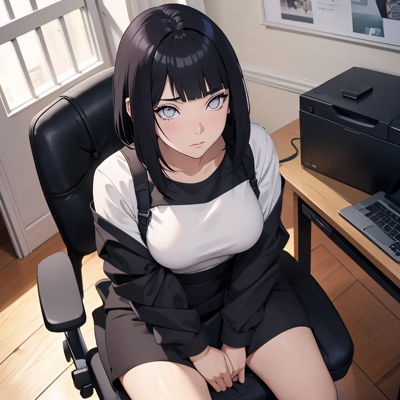 (work of art), アニメ, best qualityer, good anatomy, a girl, hinata hyuuga, blushed, ssmile, ashamed, naruto, eye white, breasts big, lifelike face, shadowy face, sexy look, dark hair, shorth hair, Kale, big shiny skin, perfect hands, anatomical hands, black pencil skirt, flegs, Lindas flegs, desk, sitting, desk chair ((sitting na desk chair)) ((flegs cruzadas)) fully body, imagem de fully body foto real, reflectors, 8K work of art, super detaill, film, best qualityer, best details, face detailed, detailedeyes, (below 1.1)