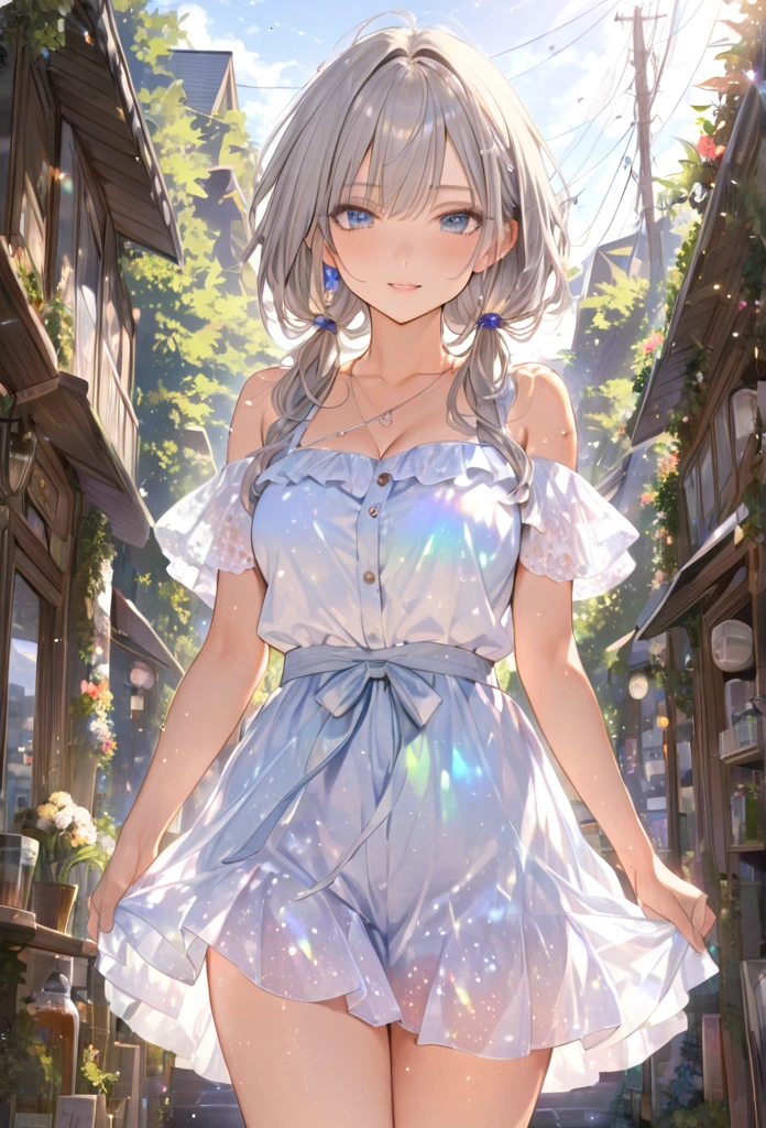 Highest quality　masterpiece　High resolution　masterpieceグレーアイズ　Low Twintails、casual summer outfit　、flowerpunk、Sparkling light particles、Vivid gradient effect