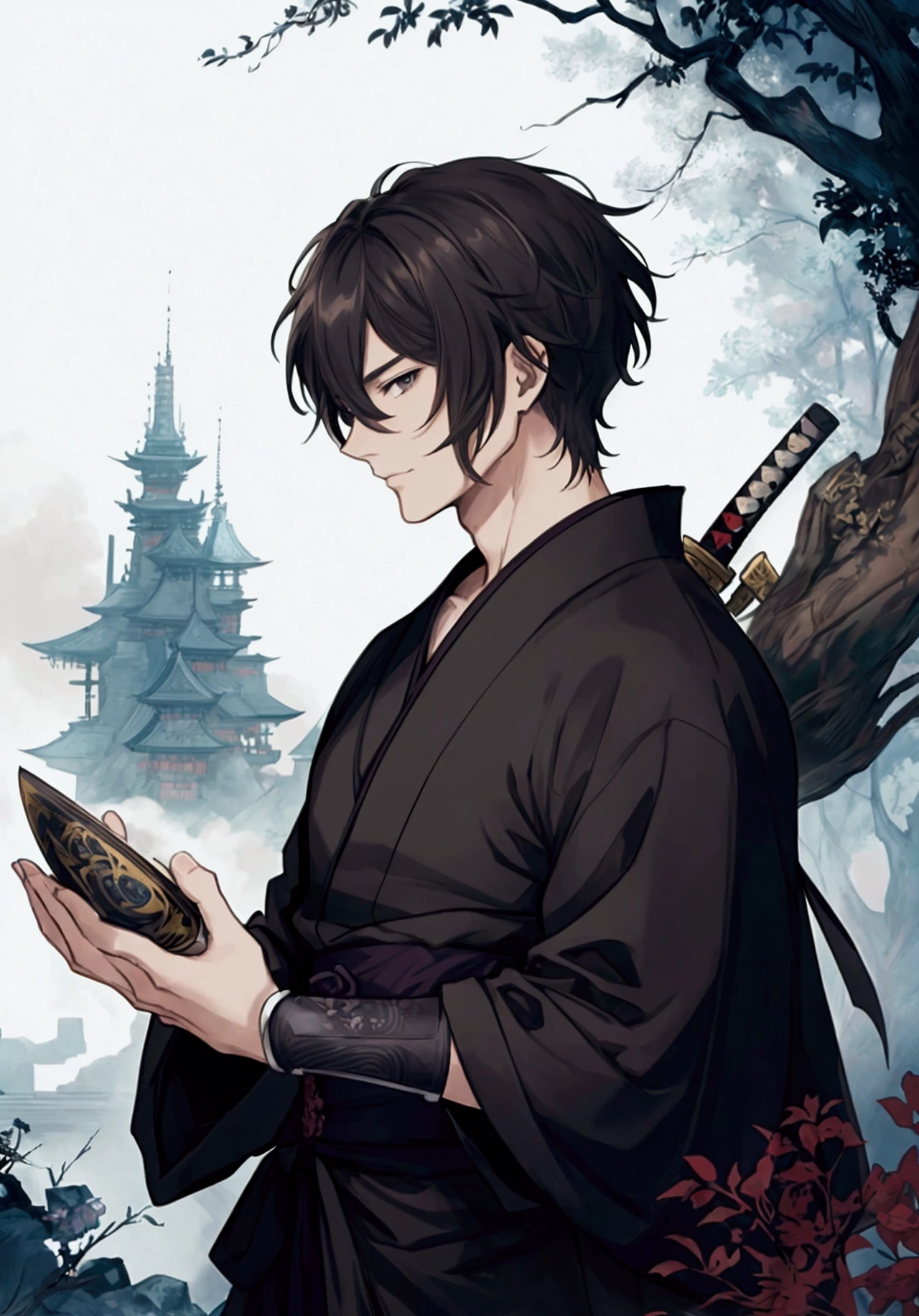 (Masterpiece), ((Highest Quality)),(Official Art),dark epic:1.2),(1 solo anime man: 1.3). A stoic samurai man with short hime cut, black hair, black eyes, and a black armored kimono. He is brandishing a katana while shrouded in shadows. Detailed picture. Detailed eyes. Masculine jaw. Soft fairytale picture Arthur Rackham-style. Colorful, best detailed ((super detailed)), (highly detailed 2D anime man illustration), ((dark and beautiful))