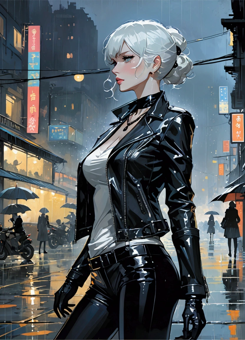 masterpiece, (best quality:1.2),(Ashley Wood Style:1.2),(Nick Vicesi Style:0.6), (Clear focus:1.2),Mature female twins,Black tight leather jacket, Black necklace,White hair,stocking,rain,of the night city