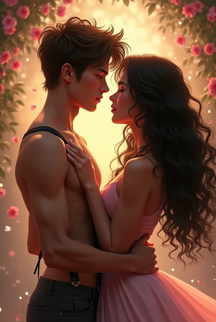 fantasy couple, 18 year old brown haired young man wearing a suspenders pants with no shirt and a young woman with long curly black hair