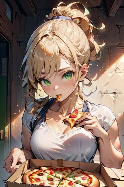 college woman; Athletic and toned physique; naturally attractive with delicate features; long, wavy blonde hair often tied back; striking green eyes; fair skin with a light tan; best quality; soft blur background; trending on artstation; complex volumetric lighting; strong shadows; artistic lighting; dynamic; energetic vibe; realistic skin; specular highlights; micro-textures; highly detailed hair; eating pizza out of the pizza box, wearing slovenly clothes