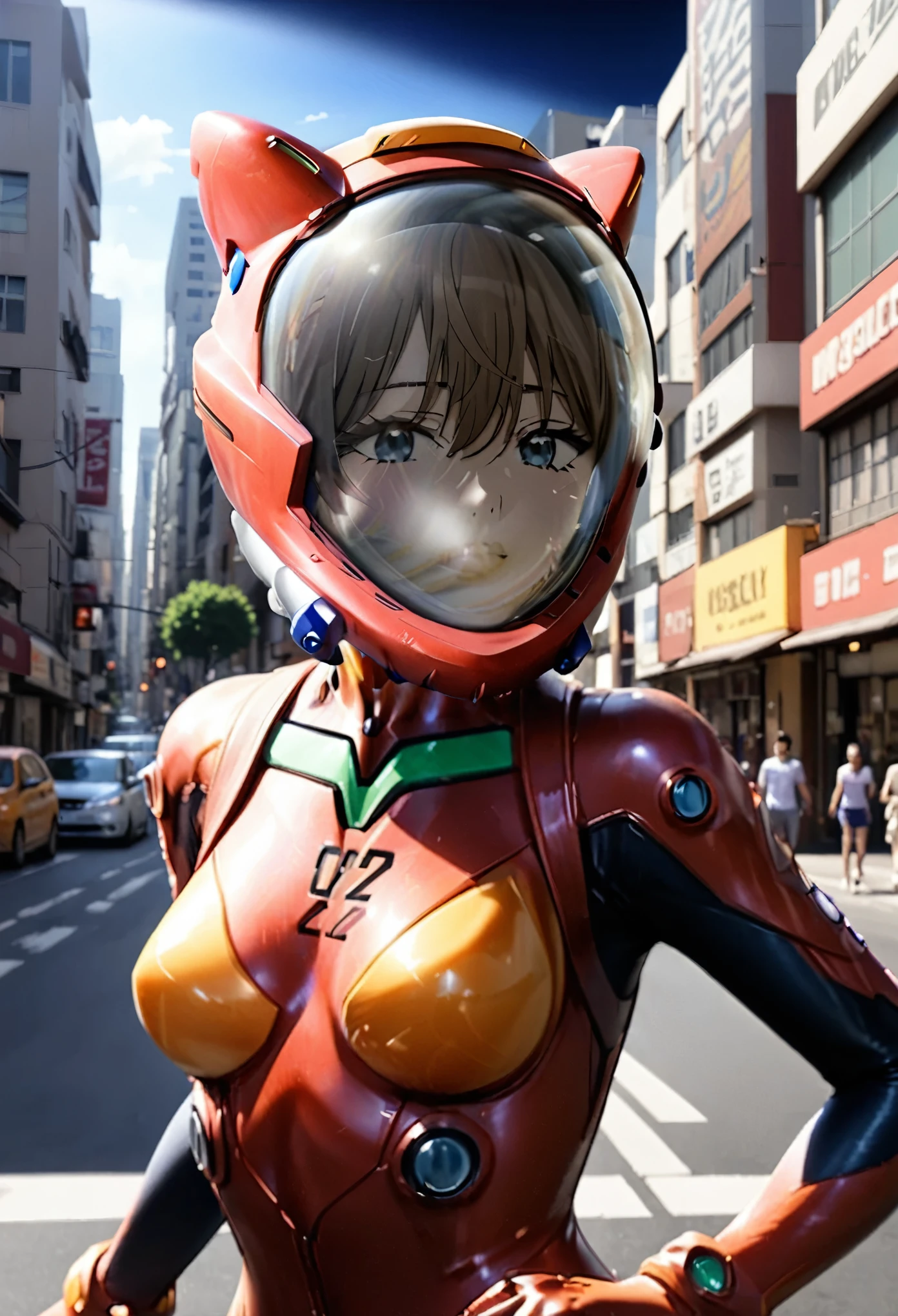 plugsuit, red bodysuit,evangelion,red helmet, space helme, short hair, walk,,asuka langley soryu,hort hair, bangs, blue eyes, brown hair, bodysuit, pilot suit, plugsuit, (red bodysuit:1.5, space helmet, cat ears, city, road, upper body