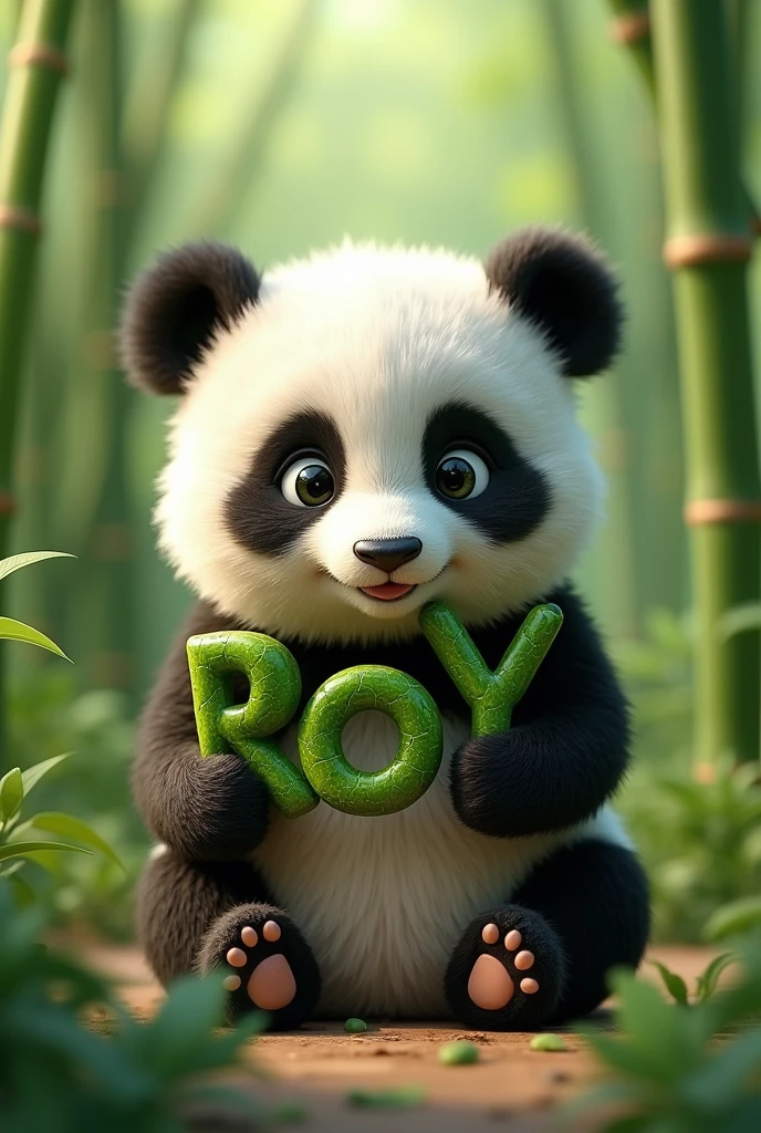 A baby panda holding the word ROY made of leaves and bamboo.