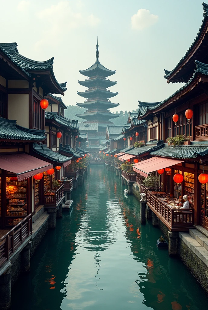 busy asian shops japanese style with a winding river canal like venice curved, in the middle focal point big rounded pagoda epic scale, river curved aerial view 