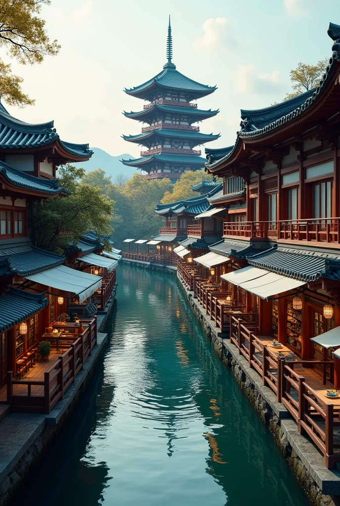 busy asian shops japanese style with a winding river canal like venice curved, in the middle focal point big rounded pagoda epic scale, river curved aerial view