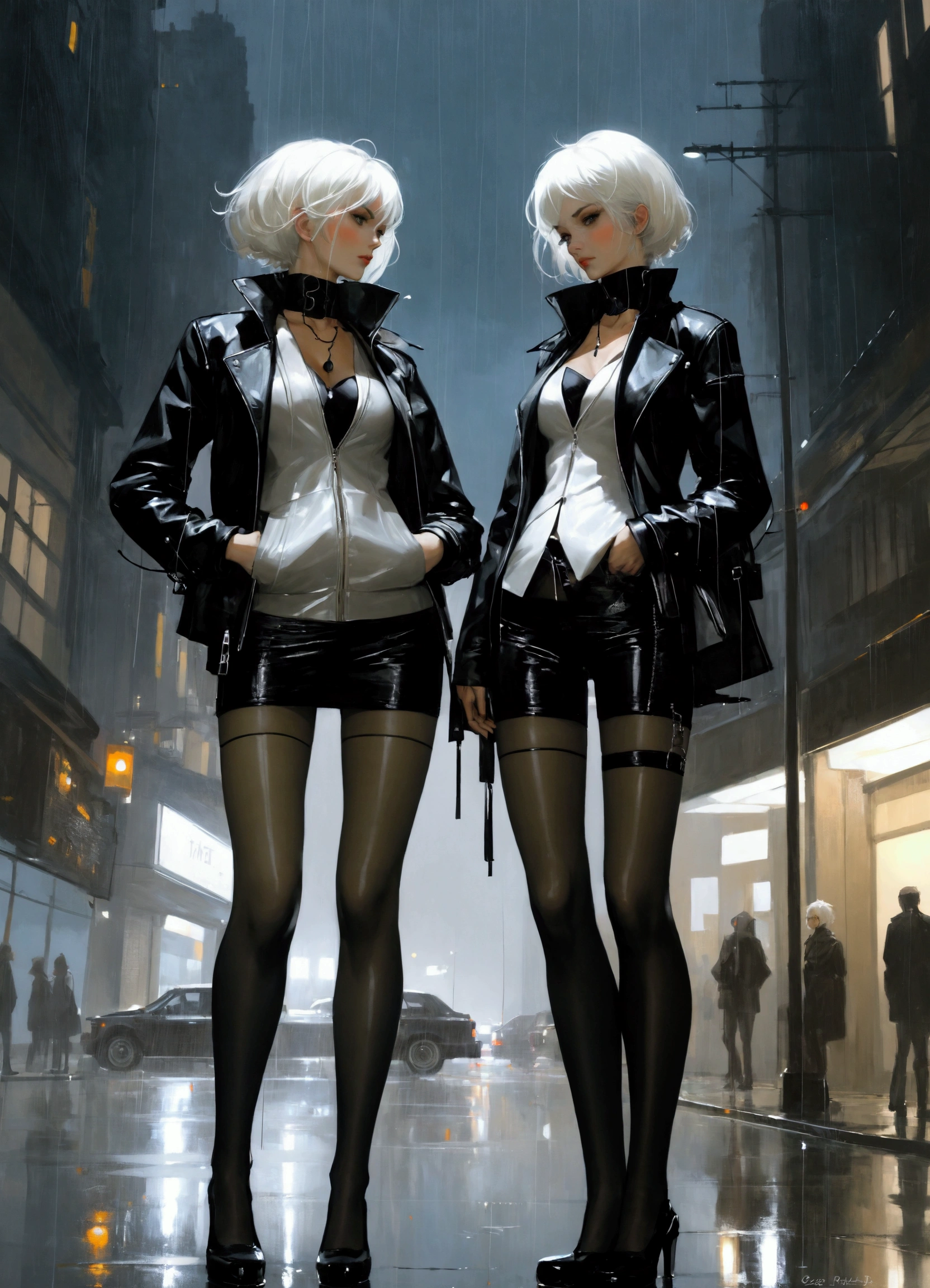 masterpiece, (best quality:1.2),(Ashley Wood Style:1.2),(Nick Vicesi Style:0.6), (Clear focus:1.2),Mature female twins,Black tight leather jacket, Black necklace,White hair,stocking,rain,of the night city