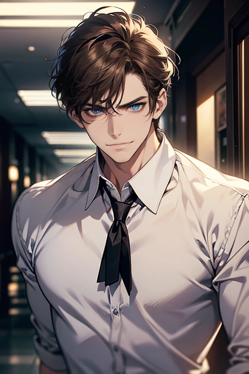 (tmasterpiece, high resolution, ultra - detailed:1.0), (1 man , madure male, masculine face), Perfect male body, tall and strong, Adult male, Delicate eyes and delicate face, blue eyes, Extremely detailed CG, Unity 8k wallpaper, Complicated details, Detailed face, ( short brown hair, smile in love faces, white shirts,Bad students), (frown,smile:1.3), stad in school corridor, street style, color difference, Depth of field, dramatic shadow, Ray tracing, Best quality, Cinematic lighting, offcial art,Portrait