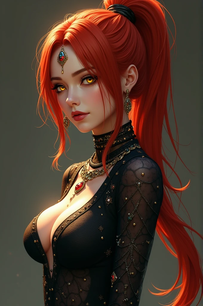 close up, beautiful young girl, red long hair, big fiery orange eyes, ulzzang, red fox in the hands, girl holding red fox, 8k, high detailed, high realism, dark fantasy art, cleavage, big breasts, looking at viewer, face portrait,
