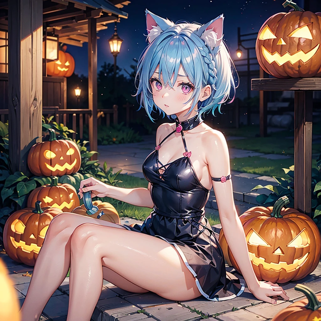 (Sky blue hair),(Braided short hair), (Pink Eyes),Fair skin) ,(whole body),(One Girl),(There are lots of pumpkin ghosts in the background),Cat ear,Cat&#39;s Tail,(Sailor suit),(Bruises and ugly faces),(Fall into Darkness),If you don't give me sweets, I'll play a prank on you.),(Halloween Night Party),(masterpiece, Highest quality, Very detailed, Best Shadow), (Detailed Background), (Beautifully detailed face), High Contrast, (Best lighting, Very delicate and beautiful), ((Cinematic Light)), Hyper Detail,8k, Dramatic Light, Intricate details,night,(Bats flying in the background),High quality