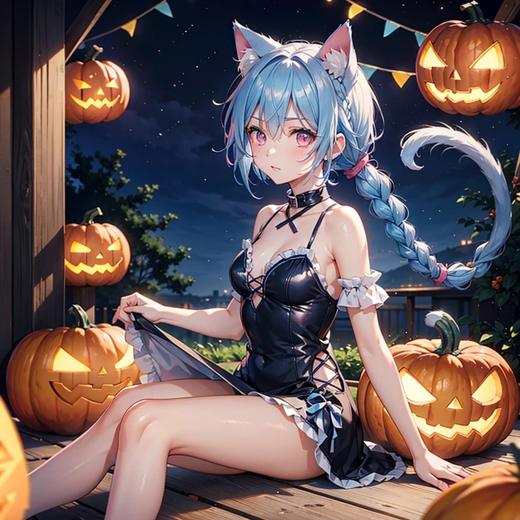 (Sky blue hair),(Braided short hair), (Pink Eyes),Fair skin) ,(whole body),(One Girl),(There are lots of pumpkin ghosts in the background),Cat ear,Cat&#39;s Tail,(Sailor suit),(Bruises and ugly faces),(Fall into Darkness),If you don't give me sweets, I'll play a prank on you.),(Halloween Night Party),(masterpiece, Highest quality, Very detailed, Best Shadow), (Detailed Background), (Beautifully detailed face), High Contrast, (Best lighting, Very delicate and beautiful), ((Cinematic Light)), Hyper Detail,8k, Dramatic Light, Intricate details,night,(Bats flying in the background),High quality
