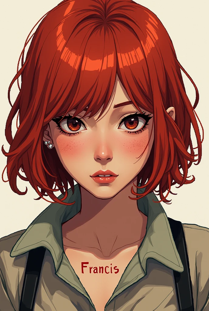 red-haired woman , com rosto redondo , with short hair above the shoulder, Francis on the test , dark eyes and freckles , eastern eye, pixel art style