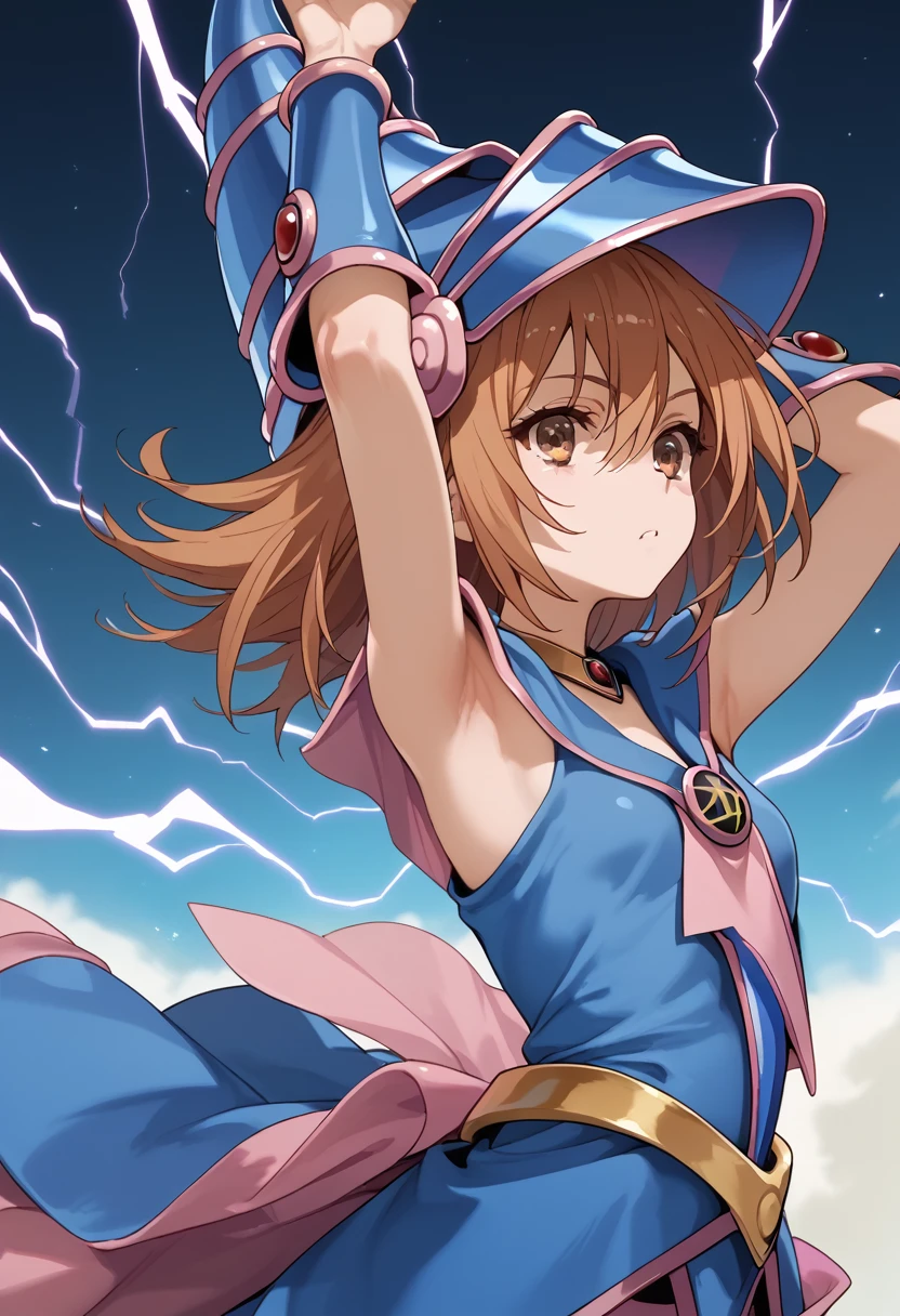 (masterpiece:1.2), (The best quality:1.2), perfect lighting, Mikoto Misaka (dressed as Dark Magician Girl) (arms raised up to cast a spell), floating in the air, neckline, magic background. small chest, Wearing blue robe, big hat, electromancer, electrical energy, ((short brown hair)), (brown eyes), 