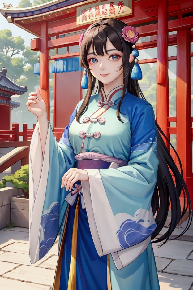 (Highest quality、 8k 、masterpiece、High resolution)、(Chinese Drama、Changgexing、Li Changge、Dililaba)、Tang Dynasty、Changan、1 Female、Rich man&#39;s daughter、(Princess of the royal family)、Anime Beauty、Appropriate attire、Head ornament、Hairpin、Beautiful young person、blue eyes、smile、(背景は古いChanganの街並み、Tang Dynasty Buildings、Tang Dynasty Buildings)、Anime Art、Official Art、Detailed CG、