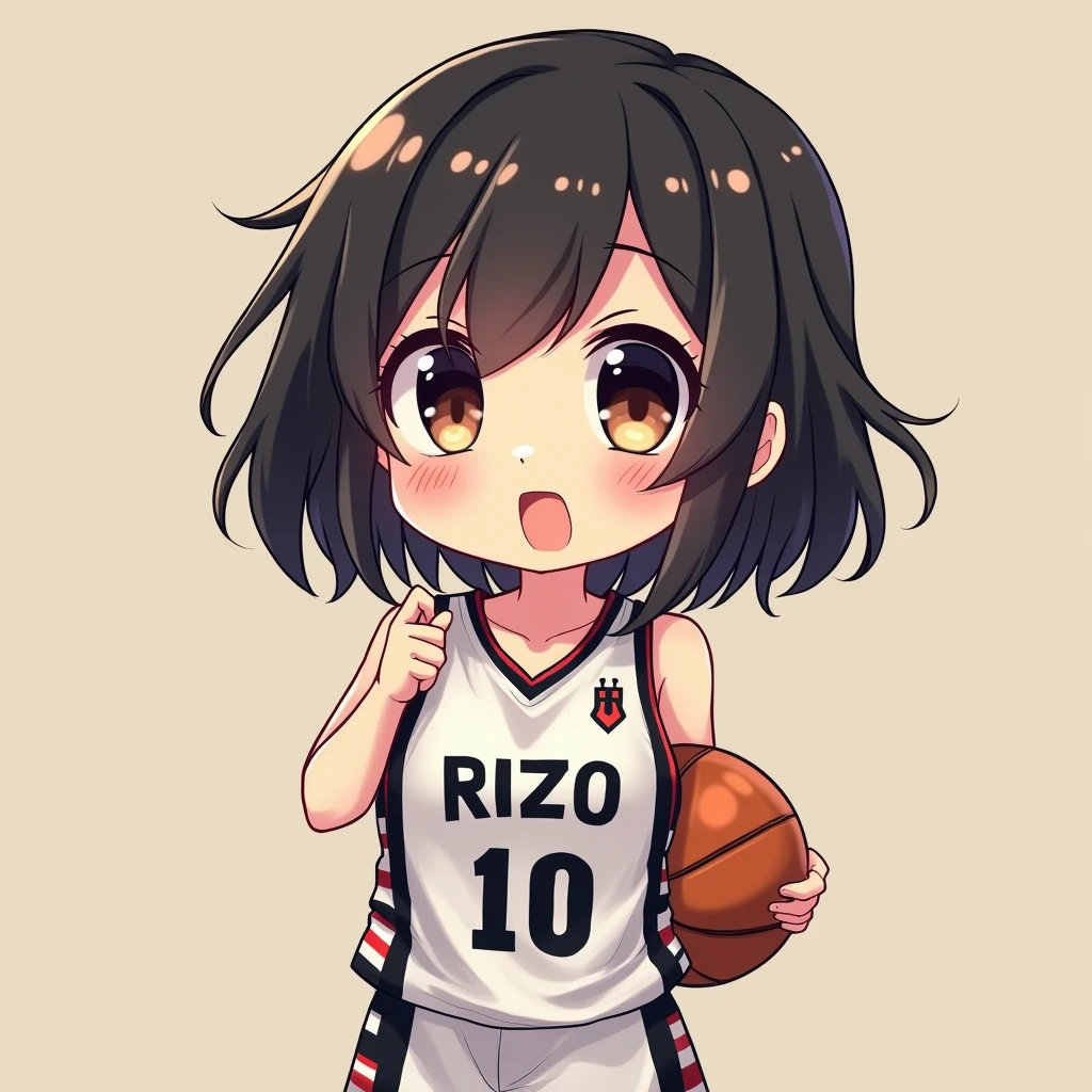short anime girl of 1.50 cm,with basketball jersey with black and white mixed color, that says Rizo and the number 10