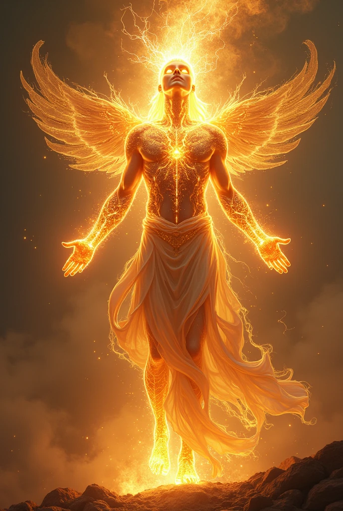 His body was like a precious stone. His face sparkled like lightning, and his eyes were like flaming torches. His arms and feet shone like polished bronze., and his voice was like the sound of a great multitude.