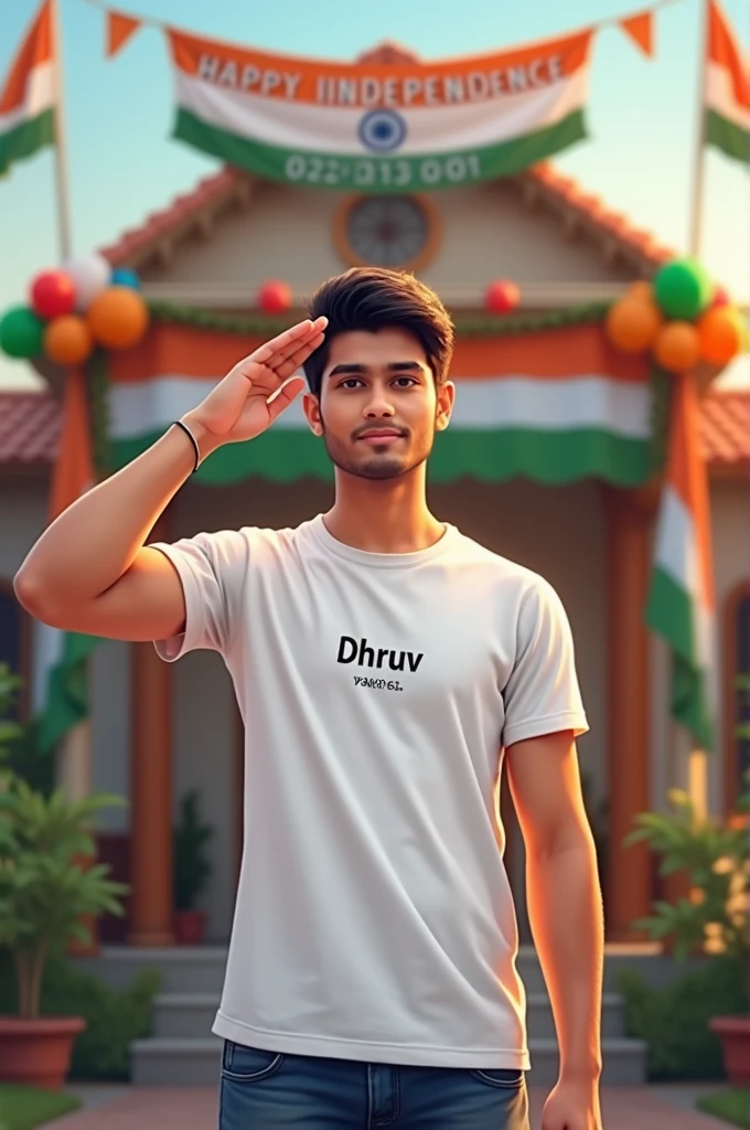 promptseen independence day
A real 20 year old boy , wearing a white "dhruv" T-shirt stands in front of a house decorated with Indian flags and tricolor balloons, saluting for an upcoming Independence Day celebration. The house has a large banner that reads "HAPPY INDEPENDENCE DAY 2024 and make sure text should be correct.