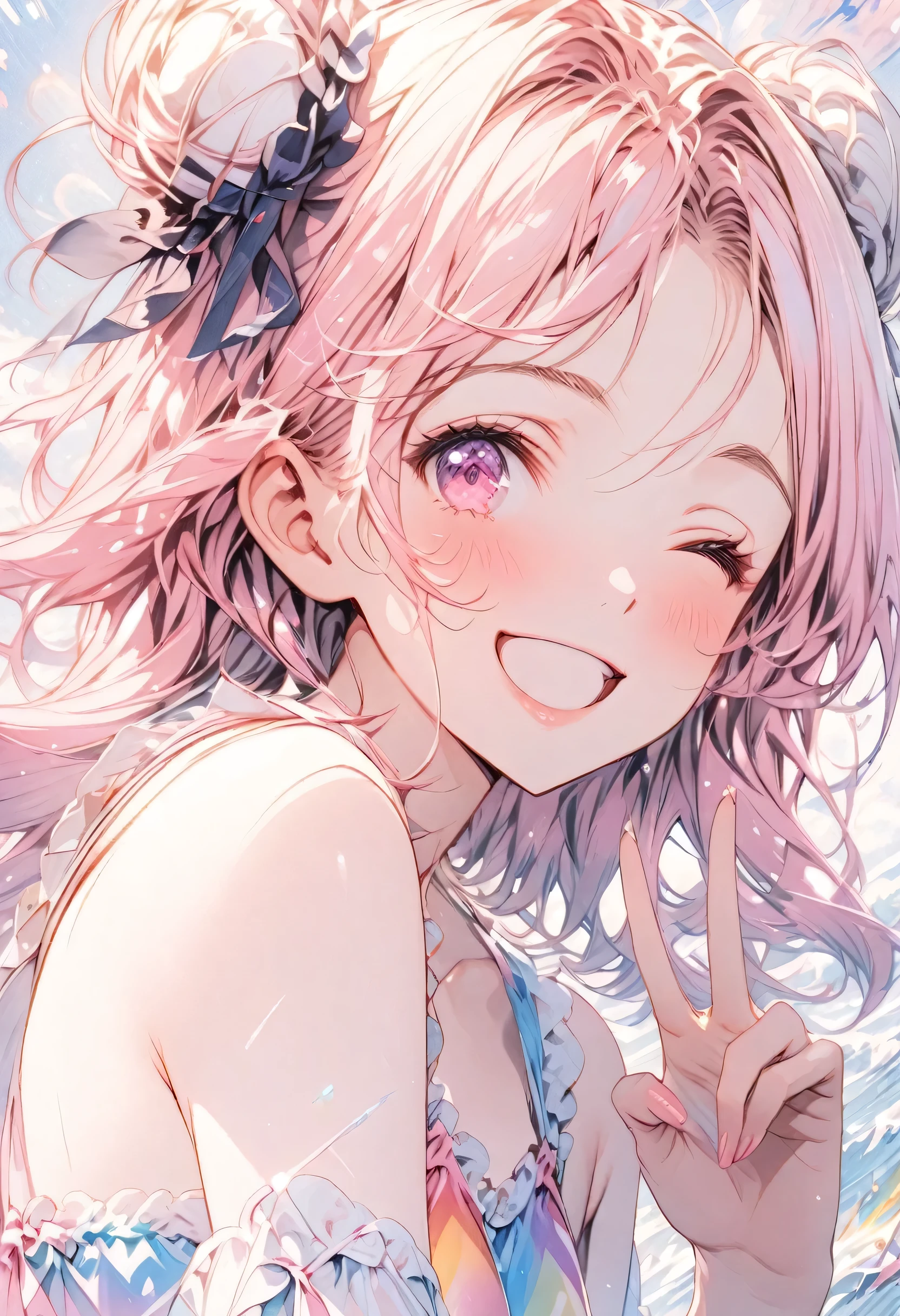 masterpiece、Highest quality、Highly detailed CG Unity 8k wallpaper、High School Girl Anime Illustration。Wearing a rainbow swimsuit、Doing the peace sign、(Hair Ribbon:0.4), Pink Eyes,(((White bun hair))),(((Pink long hair))),(((Disjointed bangs))),Smiling with eyes closed and mouth open。The background is a pale pastel colored landscape.、Watercolor Digital Art、It's a little embarrassing