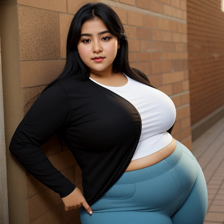 body photo, beautiful detailed, cute face, short, Guanajuato , medium black hair, black hair over one eye, long sleeve plain T-shirt, long pants, voluptuous fat wide hips, solo,