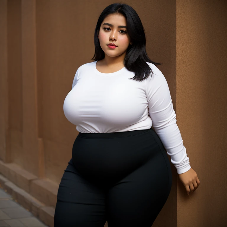 body photo, beautiful detailed, cute face, short, Guanajuato teen, medium black hair, black hair over one eye, long sleeve plain T-shirt, long pants, voluptuous fat wide hips, solo, 