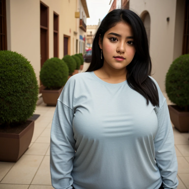 body photo, beautiful detailed, cute face, short, Guanajuato teen, medium black hair, black hair over one eye, long sleeve plain T-shirt, long pants, voluptuous fat wide hips, solo, 