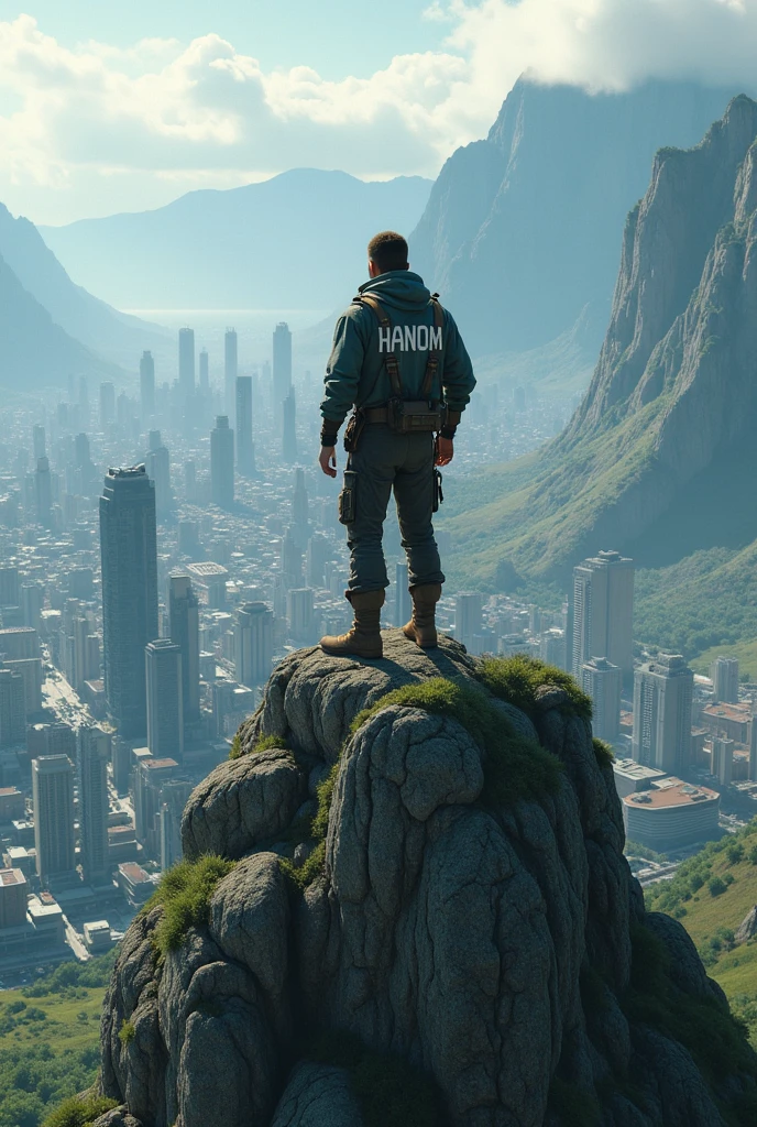 A man is on a high mountain and below him is a big city and on his clothes is written HANOM