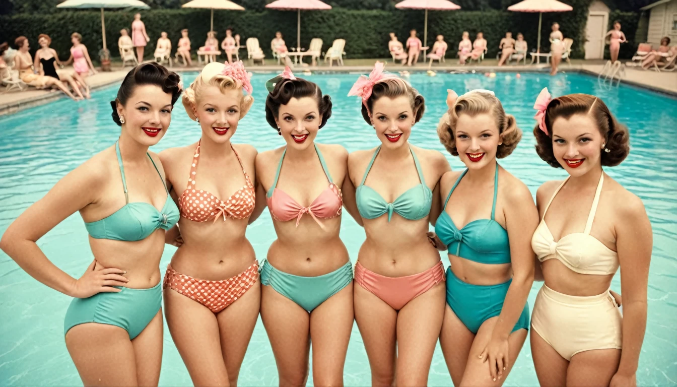 a group of elegant women at a 1950s party" An image featuring a group of elegant women, each wearing their distinctive 1950s Bikinis, posing for a photo at a open air swimming pool . Image is edited with a retro pastel palette, reflecting the camaraderie and timeless fashion of 1950s social gatherings.