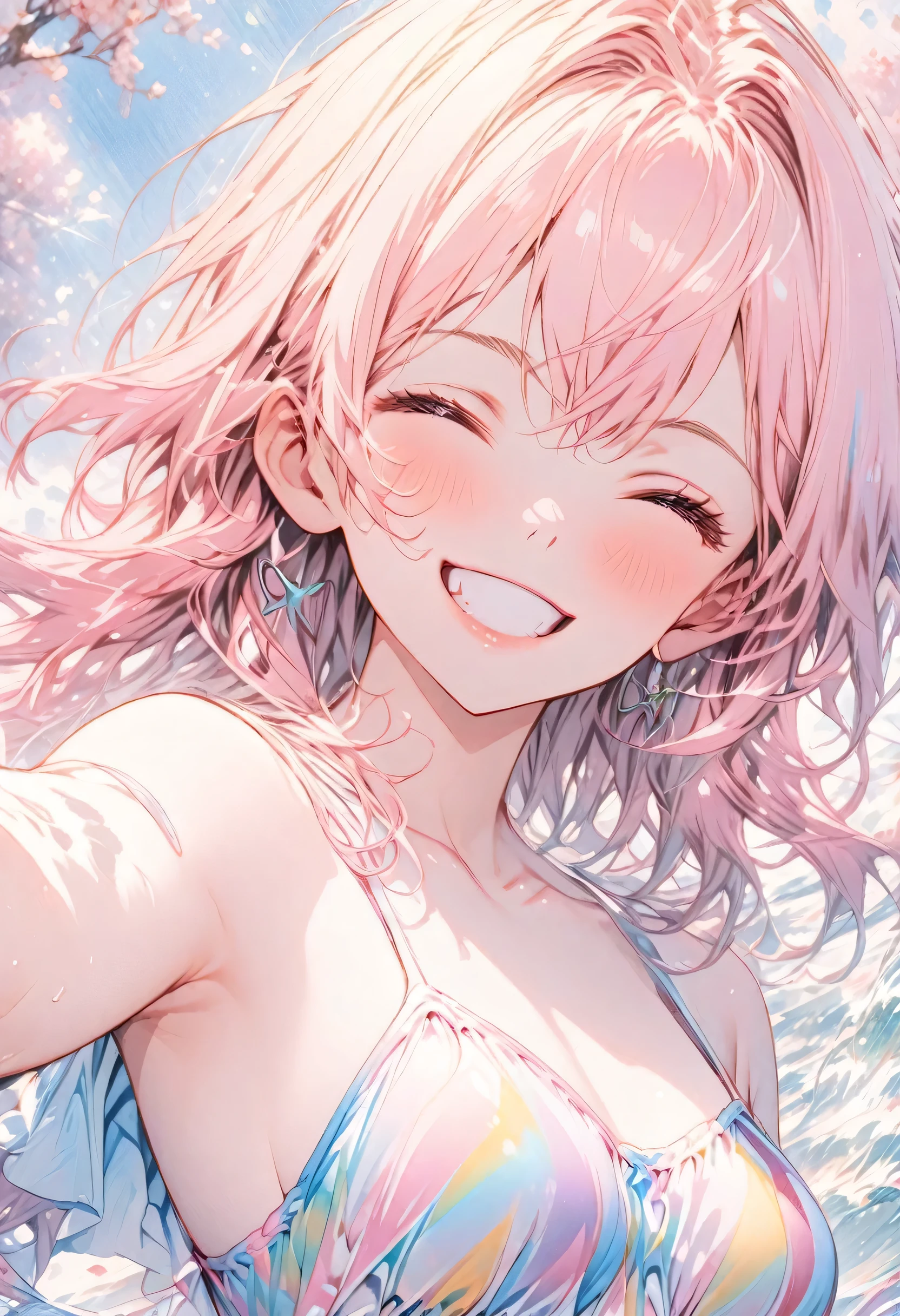 masterpiece、Highest quality、Highly detailed CG Unity 8k wallpaper、High School Girl Anime Illustration。Wearing a rainbow swimsuit、Doing the peace sign、(Hair Ribbon:0.4), Pink Eyes,(((White bun hair))),(((Pink long hair))),(((Disjointed bangs))),Smiling with eyes closed and mouth open。The background is a pale pastel colored landscape.、Watercolor Digital Art、It's a little embarrassing