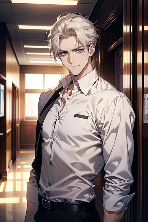 (tmasterpiece, high resolution, ultra - detailed:1.0), (1 man , madure male, masculine face), Perfect male body, tall and strong, Adult male, Delicate eyes and delicate face, blue eyes, Extremely detailed CG, Unity 8k wallpaper, Complicated details, Detailed face, ( short black, smile in love faces, white shirts,Bad students), (frown,smile:1.3), stad in school corridor, street style, color difference, Depth of field, dramatic shadow, Ray tracing, Best quality, Cinematic lighting, offcial art,Portrait