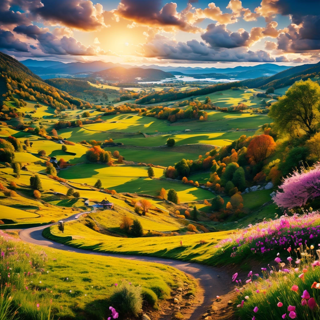 playing piano in a nocturne colorful mountain with flowers, HD