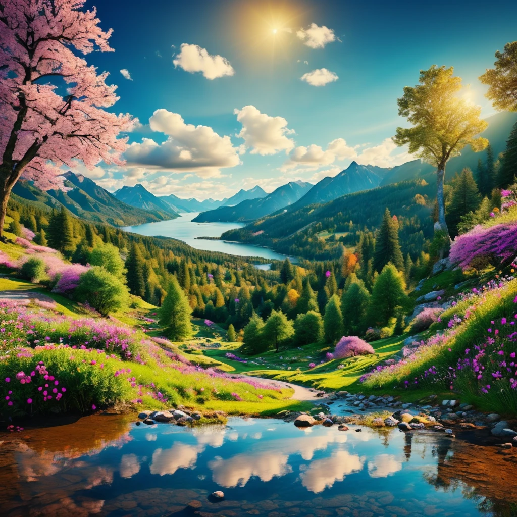 playing piano in a nocturne colorful mountain with flowers, HD