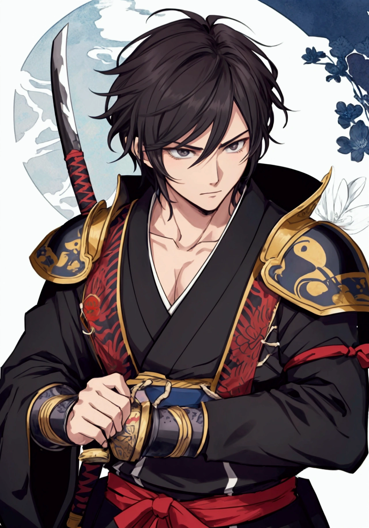 (Masterpiece), ((Highest Quality)),(Official Art),dark epic:1.2),(1 solo anime man: 1.3). A stoic samurai man with short hime cut, black hair, black eyes, and Japanese armor. He is brandishing a katana while shrouded in shadows. Detailed picture. Detailed eyes. Masculine jaw. Soft fairytale picture Arthur Rackham-style. Colorful, best detailed ((super detailed)), (highly detailed 2D anime man illustration), ((dark and beautiful))