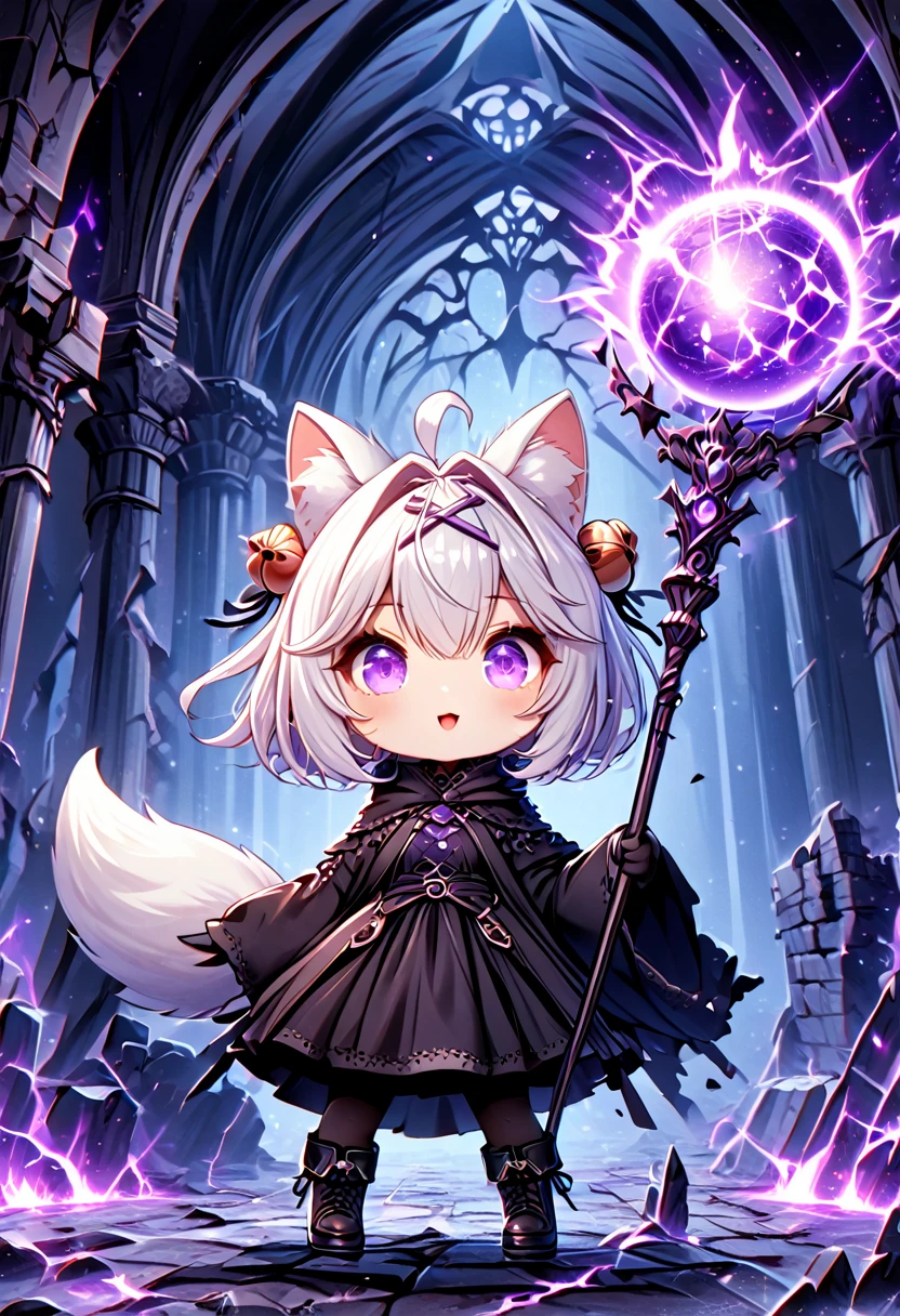 master piece, best quality, ultra-detailed, illustration, midnight, battlefield, gloomy atmosphere, broken castle, broken walls, ruins, purple flames, purple lightning, 1girl, solo, chibi, (big head), cute pose, front view, looking at viewer, ((full body Close up)), chubby, fat, filian, filianoverall, Filiansailor, ((white hair)) , short hair, shoulder length hair, fly-away hair, bangs, hairclip, purple hair ornament, cat ears, (hair bell:1.3) ahoge, purple eyes, open mouth, smiling, (white fox tail), (black tattered robe), long gown, black arm sleeves, black gloves, wielding orbstaff, black stockings, black boots