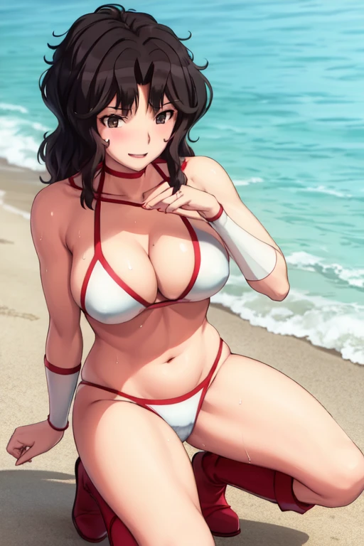 masterpiece, best quality, beautiful art, high resolution, well formed hands, body and fingers, 1 woman, solo, Kaoru Tanamachi, 31 years old, full body picture, grown up, adult, large and rounded breasted, cleavage, hair ornament, wearing a Tyris Flare outfit ,  white_bikini, full body, sexy and skimpy  bikini, gorgeous  hips, legs and thighs bouncing breasts, red boots, she is doing exercise in the beach, seductive face, warming up, working out, sexy and captivating training, smiling joyfully and happily , looking at the viewer, , sweating , bouncing breasts, training montage session, beach environment              