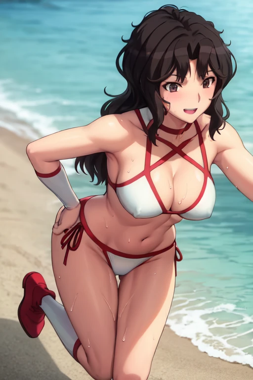 masterpiece, best quality, beautiful art, high resolution, well formed hands, body and fingers, 1 woman, solo, Kaoru Tanamachi, 31 years old, full body picture, grown up, adult, large and rounded breasted, cleavage, hair ornament, wearing a Tyris Flare outfit , white_bikini, full body, sexy and skimpy bikini, gorgeous hips, legs and thighs bouncing breasts, red boots, she is doing exercise in the beach, seductive face, warming up, working out, sexy and captivating training, smiling joyfully and happily , looking at the viewer, , sweating , bouncing breasts, training montage session, beach environment