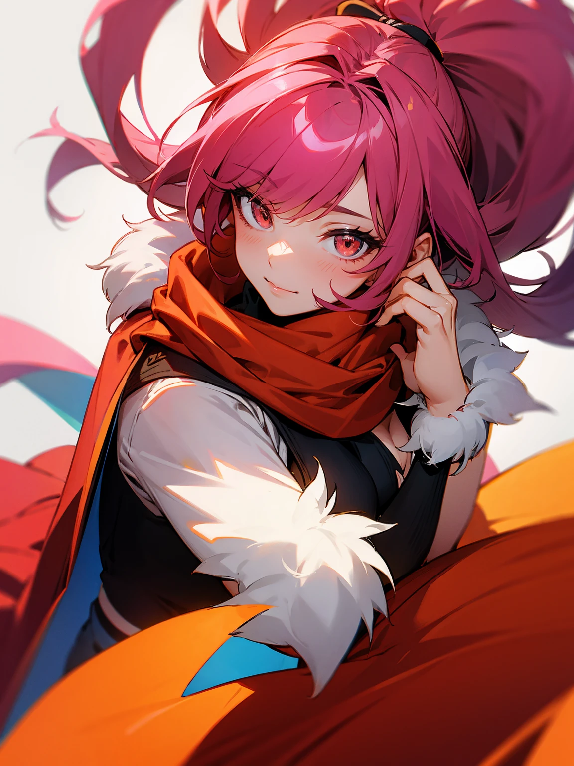1male, dark pink hair, orange eyes, long hair, pony tail, fur sweater, scarf, sunglasses, lip gloss, red dress, beautiful, busty