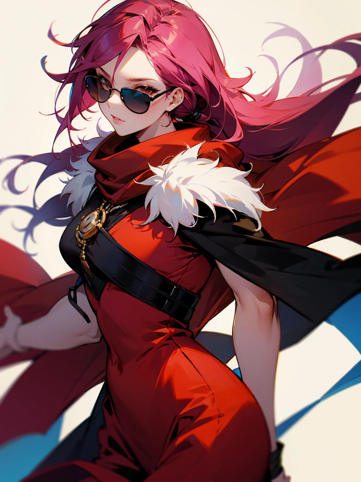 1male, dark pink hair, orange eyes, long hair, pony tail, fur sweater, scarf, sunglasses, lip gloss, red dress, beautiful, busty