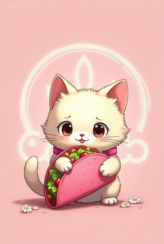 A cat with a pink ribbon collar in a white Hello Kitty style eating a pink tortilla taco in the style of Studio Ghibli anime with a logo shape and a pink background