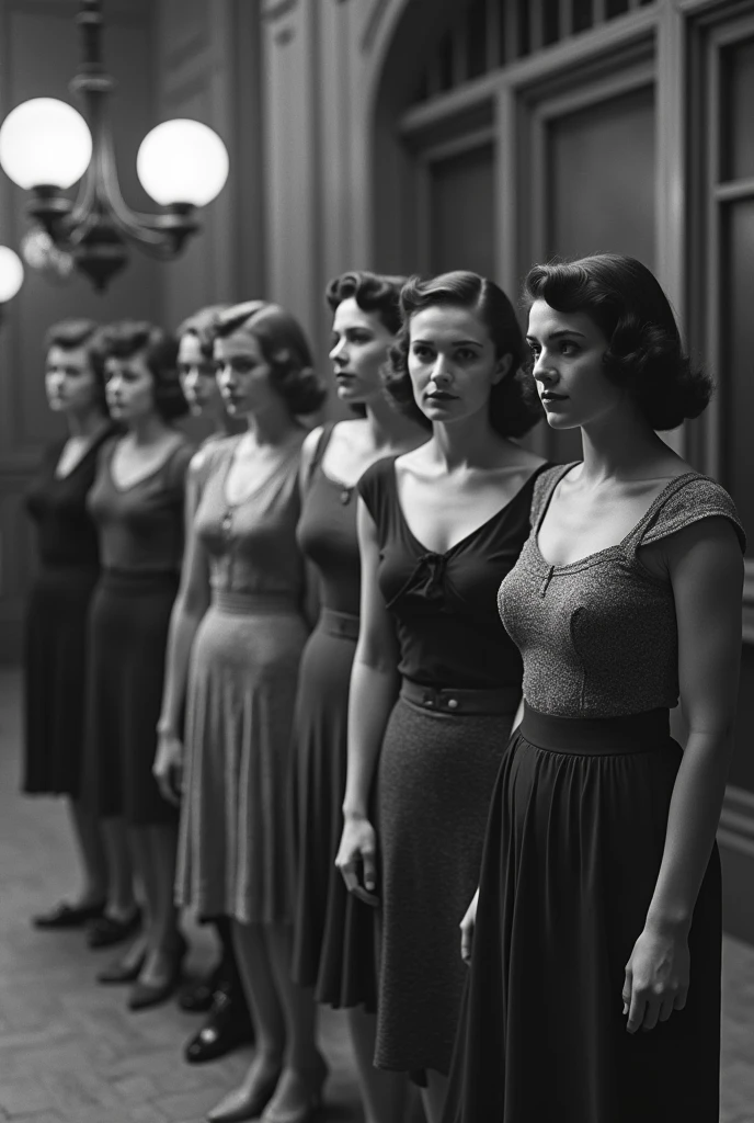 a group of young women standing in line for an audition in a theater lobby, Hollywood in the 1930s